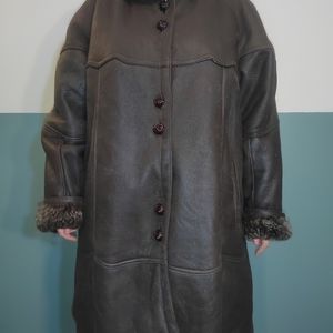 Sheepskin coat women, vintage shearling overcoat braun, oversized XL,